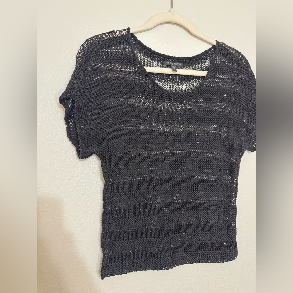Eileen Fisher Open Knit Sequin Chainmail Box Short Sleeve Sweater - Picture 4 of 8